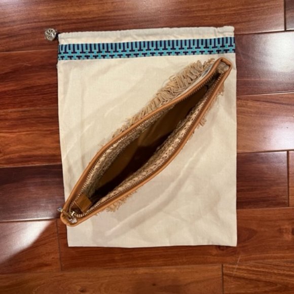 TORY BURCH HANDBAG STRAW CLUTCH TAN CLEAR WITH DUST BAG - Picture 4 of 6